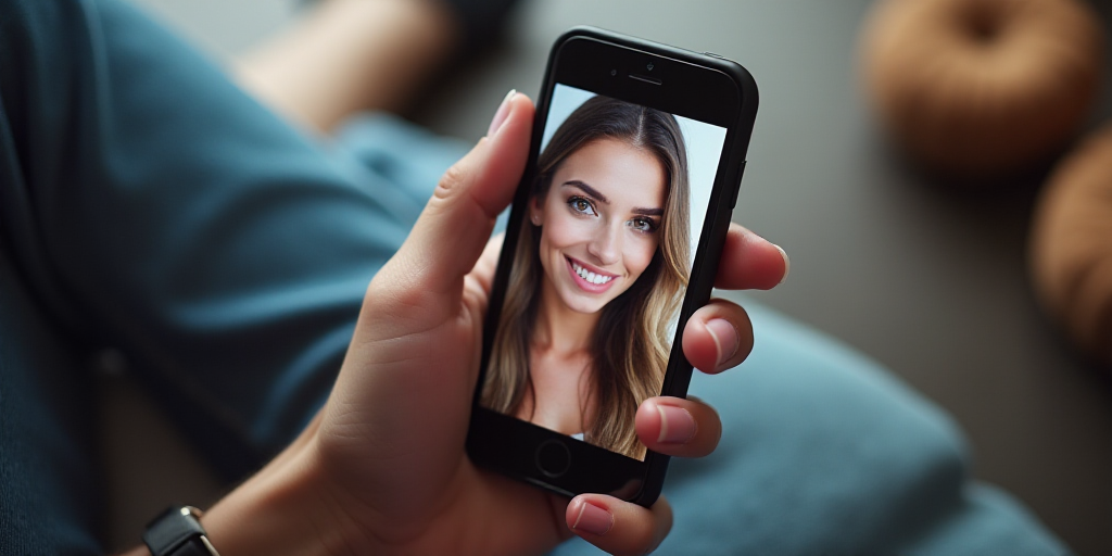 a person holding a cell phone with a picture of a woman on it's screen and a text message on the scr
