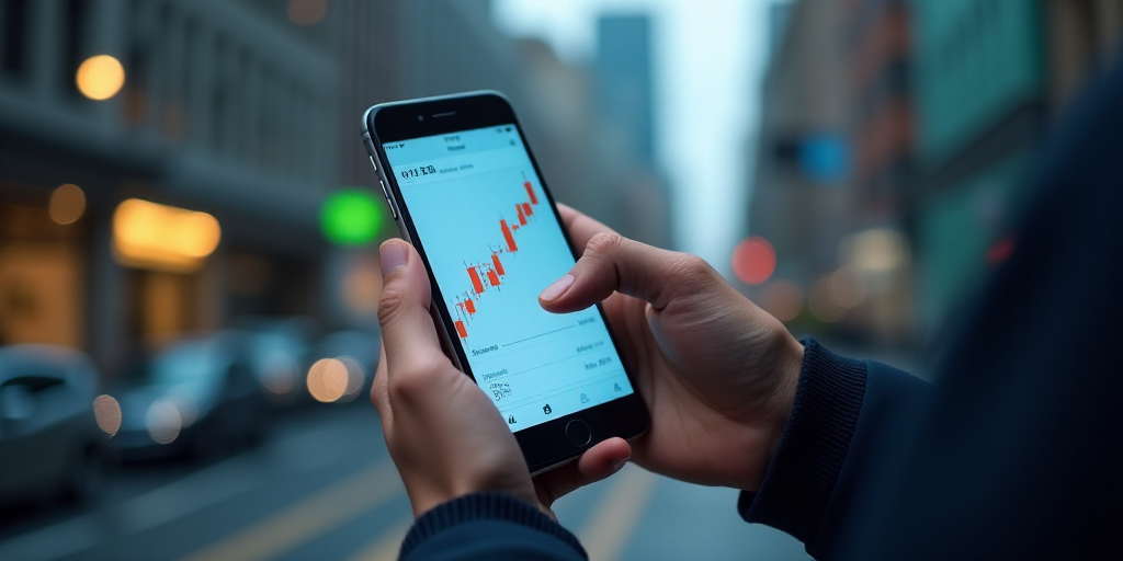 a person holding a cell phone with a chart on it's screen and a chart on the screen, Andries Stock,