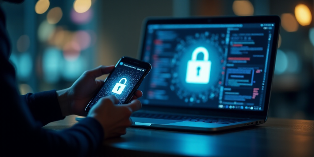 a person holding a cell phone and a laptop computer with a padlock on it and a padlock on the screen