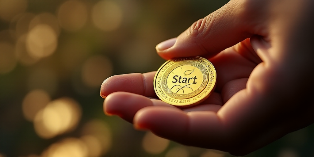a person holding a coin in their hand with the word, start on it and a hand holding a coin, Aquirax