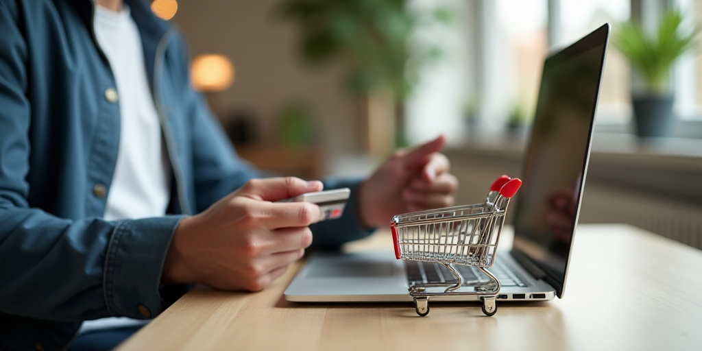 a person holding a credit card while using a laptop computer on a table with a shopping cart and a s