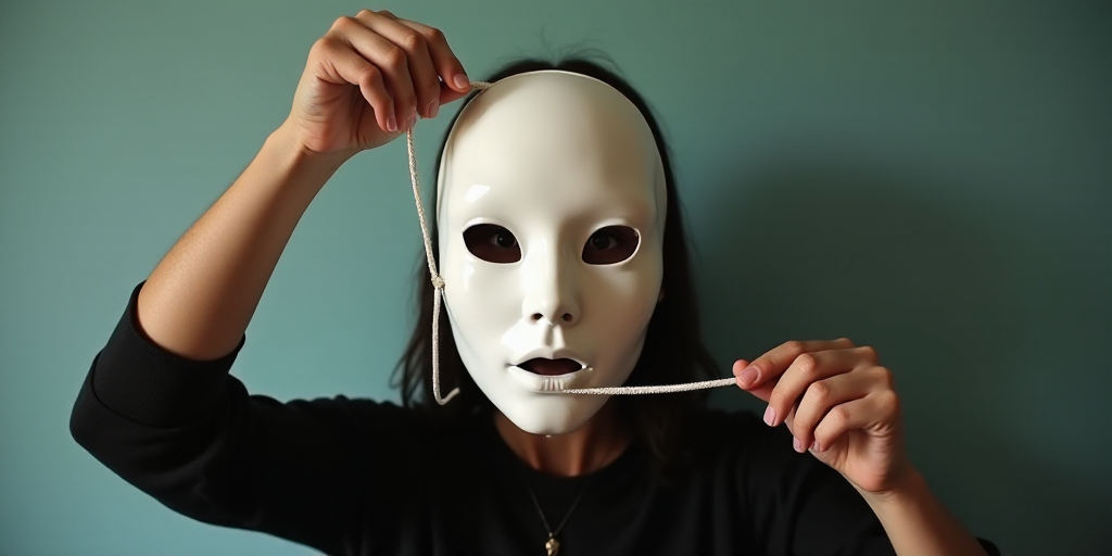 a person holding a face mask with a string attached to it and a pair of hands holding it up, Évaris