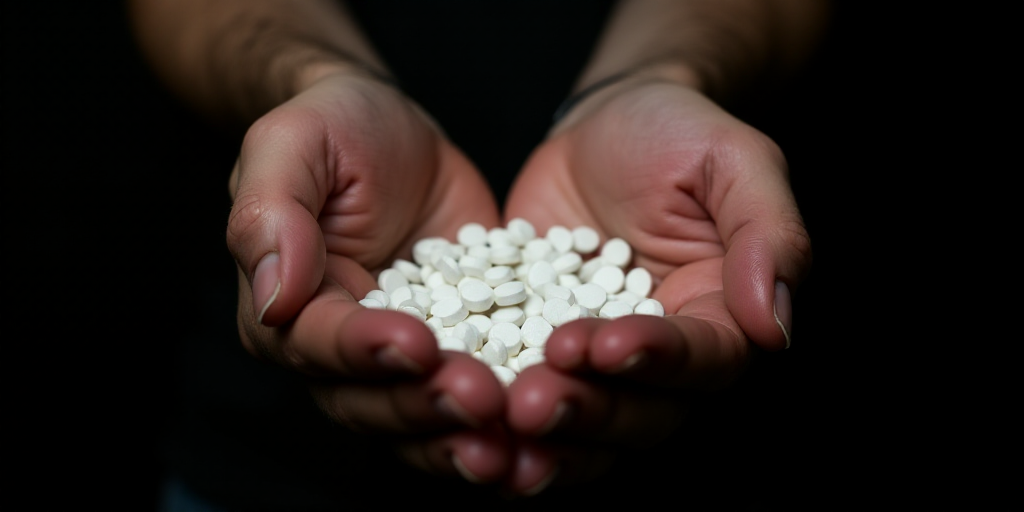 a person holding a handful of white pills in their hands, on a black background, with a black backgr