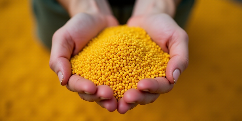 a person holding a handful of yellow seed in their hands, in front of a pile of yellow seed, Christo