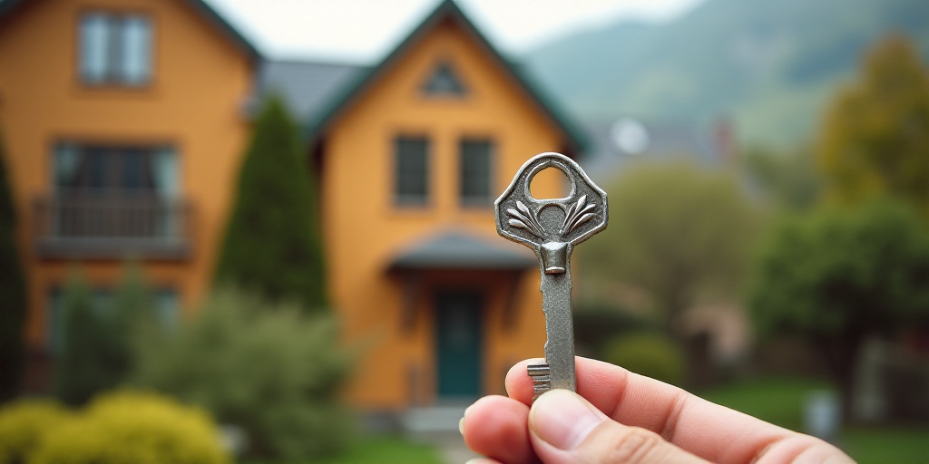 a person holding a house shaped key in their hand with a building in the background in the foregroun