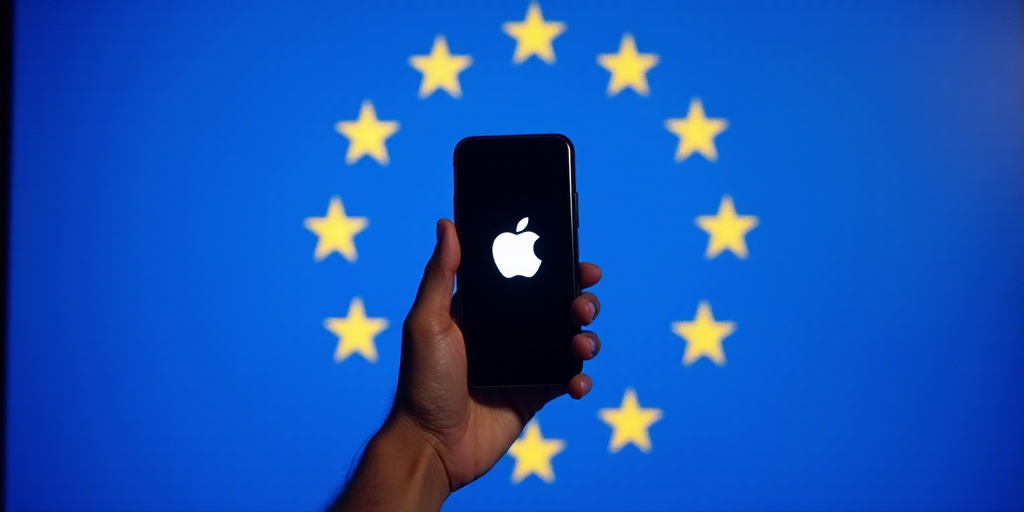 a person holding a phone in front of a european flag with the apple logo on it and a blue background