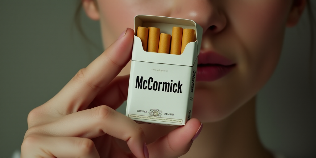 a person holding a small box of mccormick cigarettes in their hand, with the label on it, Christophe