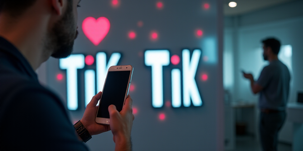a person holding a smart phone in their hand in front of a tik tok logo on a wall, Carlos Trillo Nam
