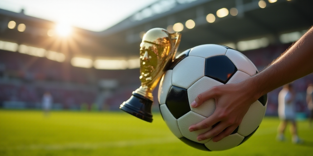 a person holding a soccer ball in their hand with a gold trophy in their hand on a field of a stadiu