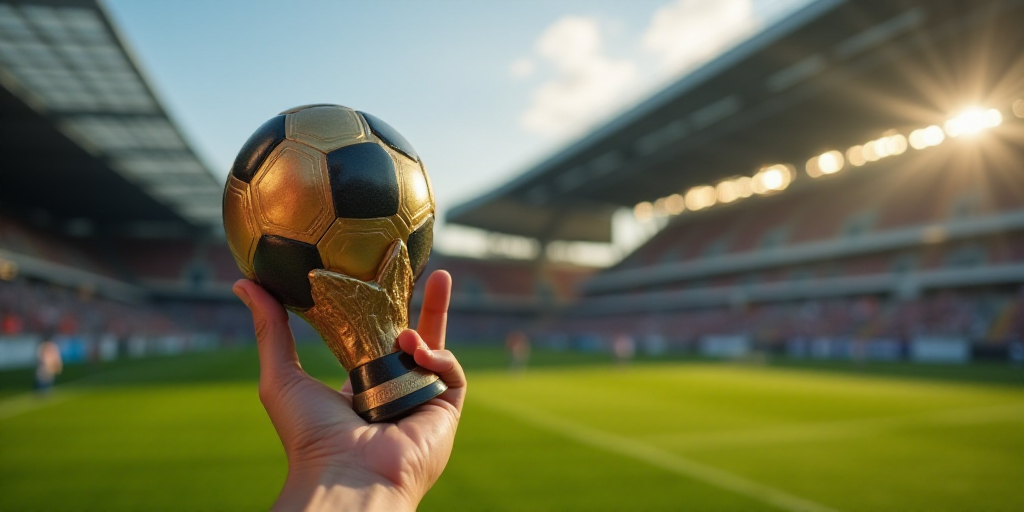 a person holding a soccer ball in their hand with a gold trophy in their hand on a field of a stadiu