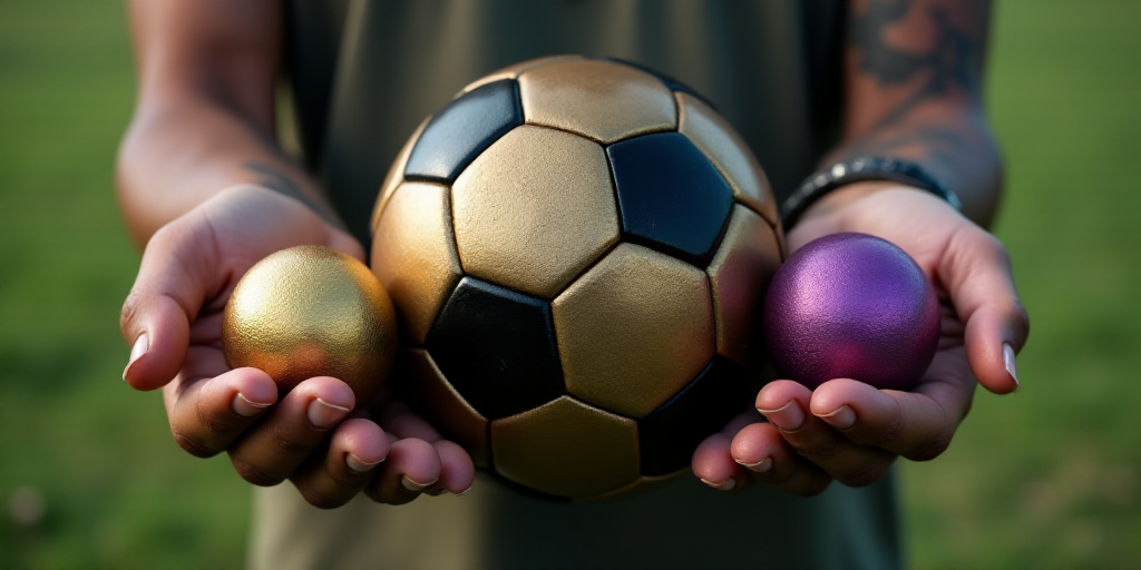 a person holding a soccer ball in their hand with a gold ball in the other hand and a purple ball in