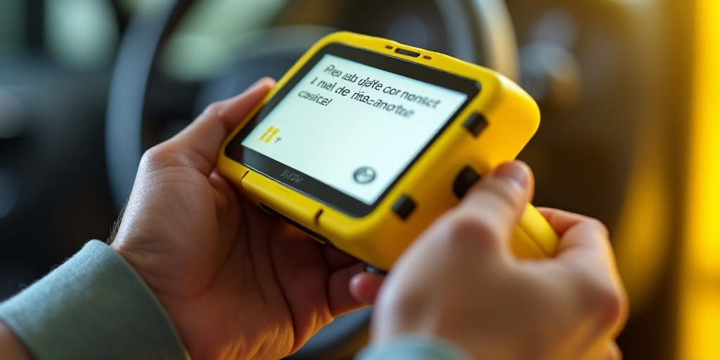 a person holding a yellow device with a screen on it's display area and a text message on the screen