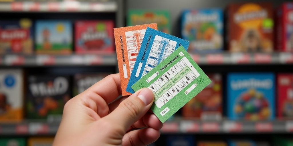 a person holding three tickets in their hand with powerball tickets in the background on a shelf of