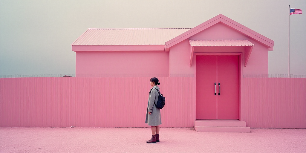 a person in a coat and a backpack standing in front of a building with a fence and a flag, Celia Fie