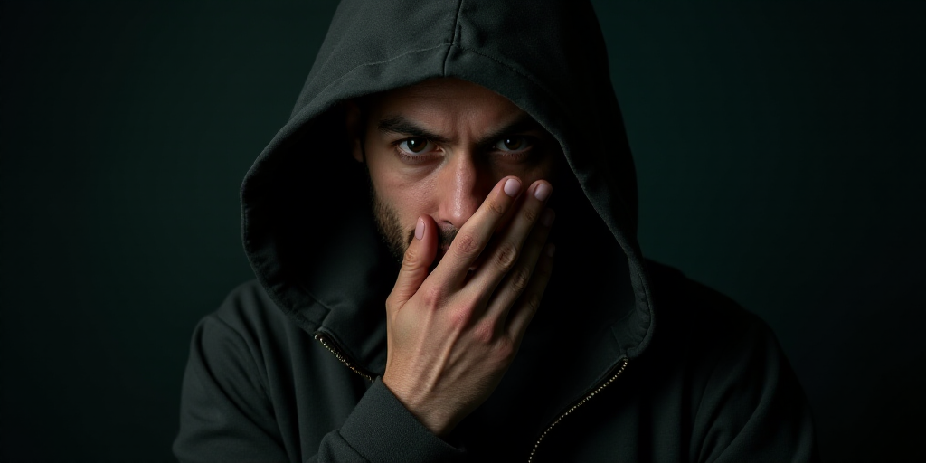 a person in a hooded jacket is holding their hand to their face and is looking at the camera with a