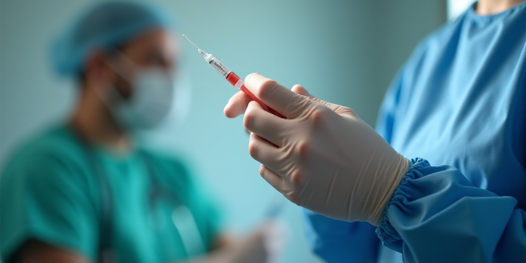a person in a hospital gown is holding a syquet and a needle in their hand, with a person in the bac