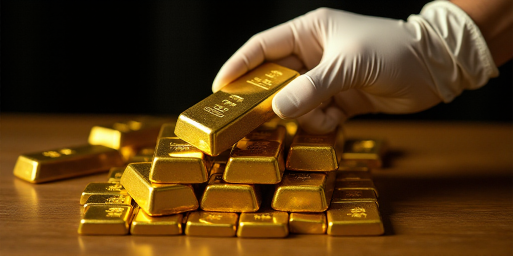 a person in white gloves holding a gold bar over a pile of gold bars on a table with other gold bars