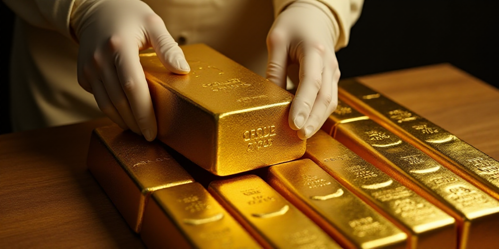 a person in white gloves holding a gold bar over a pile of gold bars on a table with other gold bars