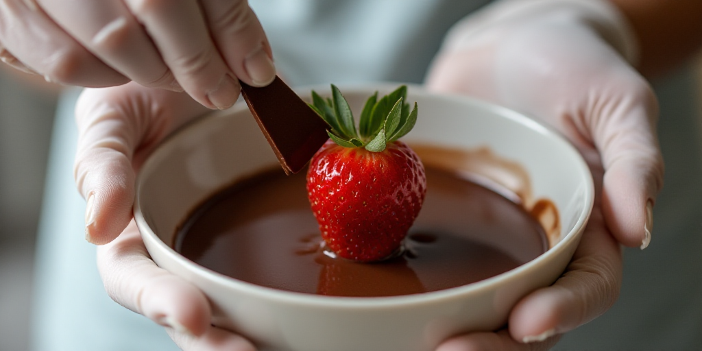 a person in white gloves is putting a piece of chocolate on a strawberry in a bowl of chocolate pudd