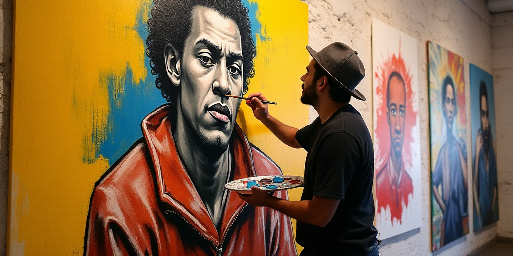 a person is painting a picture of a person on a wall with a paintbrush and a palette of paint, David