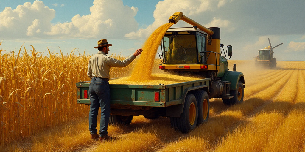 a person is pouring grain into a truck bed in a field of wheat and corn stalks in the background, Co