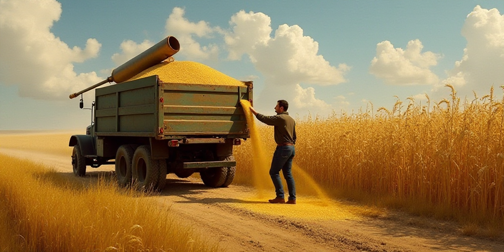 a person is pouring grain into a truck bed in a field of wheat and corn stalks in the background, Co