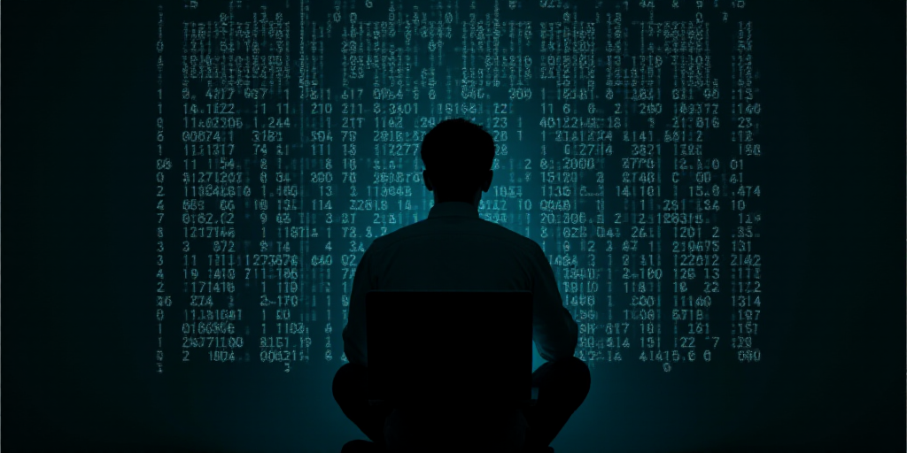 a person is silhouetted against a wall of numbers in a dark room with a laptop on it's lap, Beeple,