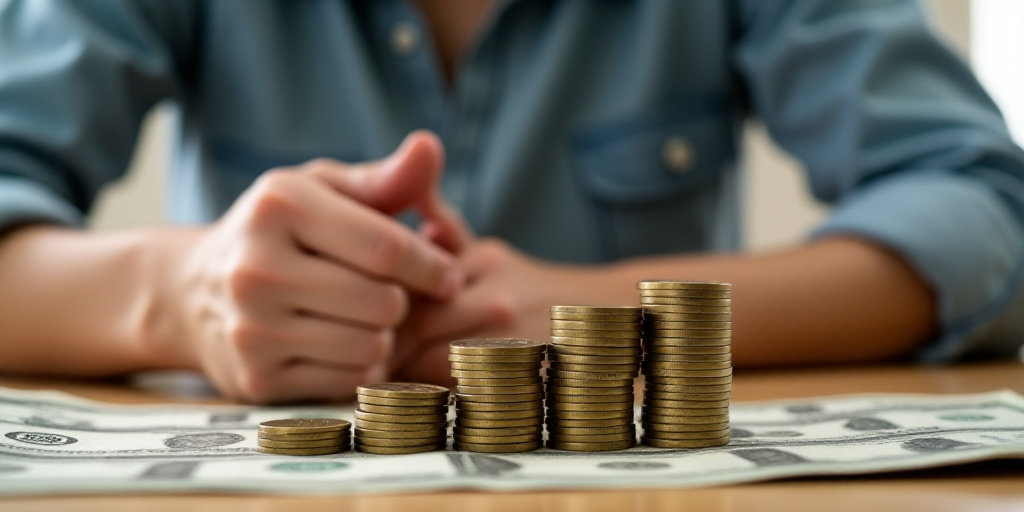 a person is stacking coins with a stack of money in front of them and a stack of coins in the backgr