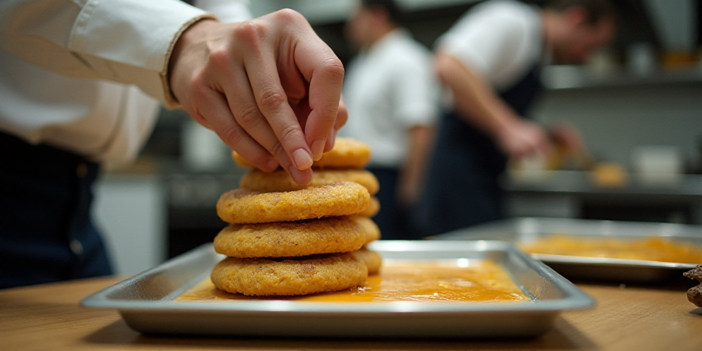 a person is stacking up a stack of food on a tray in a kitchen with other people in the background,