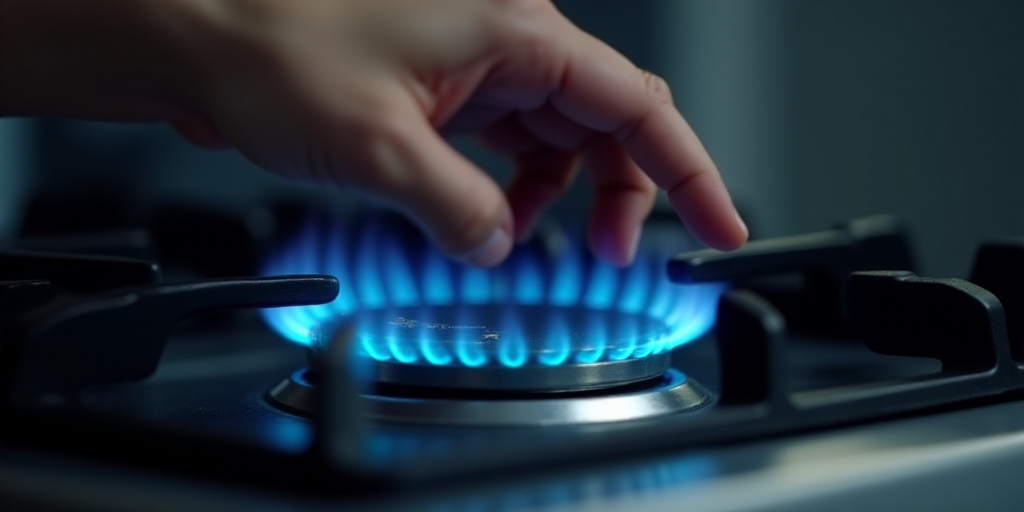 a person is touching a burner on a stove top with a blue flame in the middle of it, Andries Stock, o