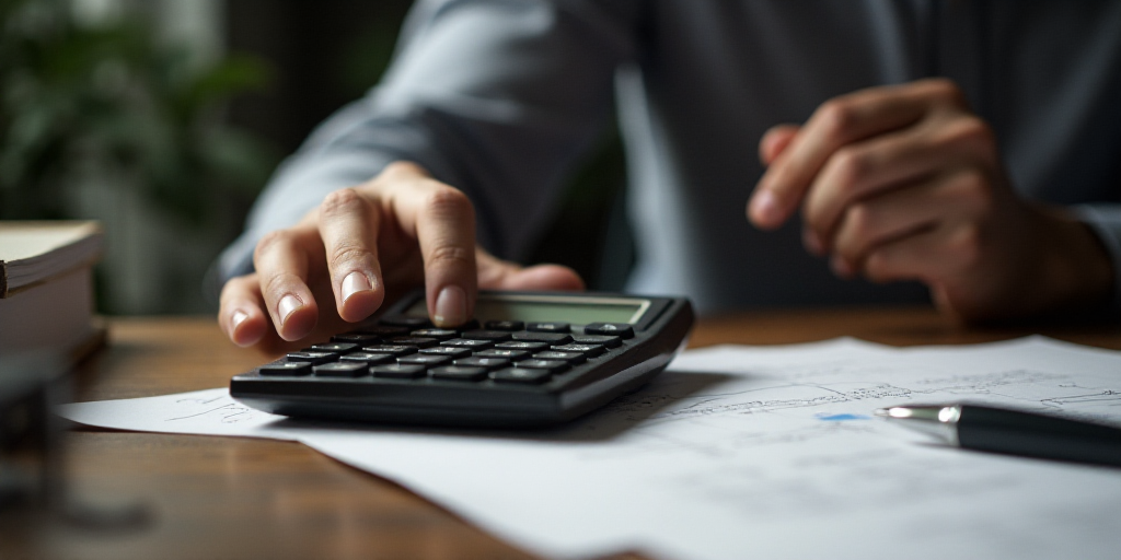 a person is using a calculator and a calculator on a desk with papers and a pen, Evelyn Abelson, dep