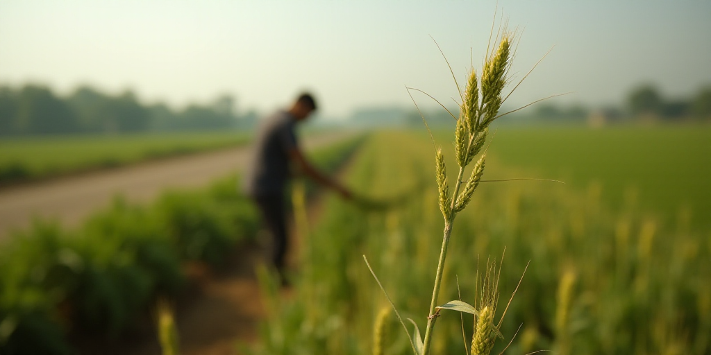 a person is working in a field with a plant in the foreground and a road in the background, Afewerk
