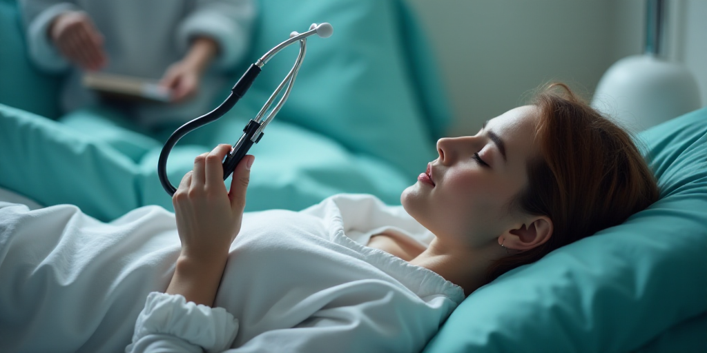 a person laying in bed with a stethoscope in their hand and a person laying on the bed, Aquirax Uno,