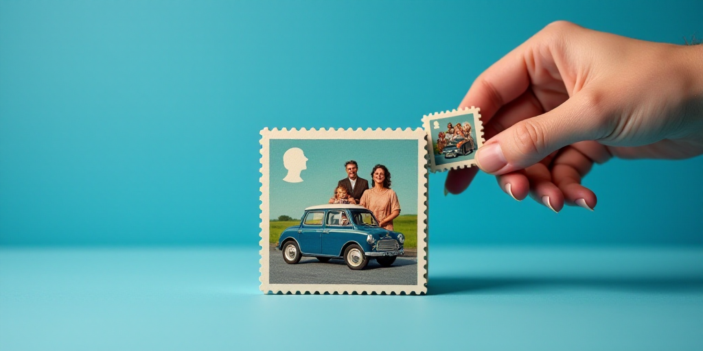 a person placing a stamp on a block with a picture of a family and a car on it, with a blue backgrou