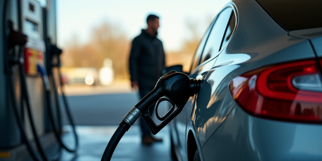 a person pumping gas into a car at a gas station with a gas pump in the background and a gas pump in