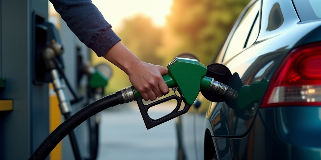 a person pumping gas into a car at a gas station with a gas pump in the background and a gas pump in