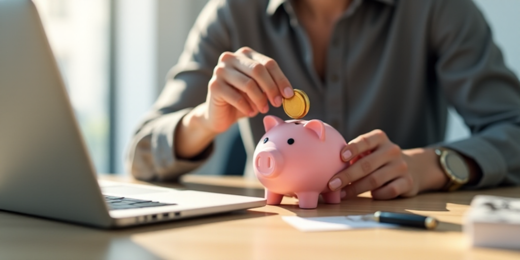 a person putting a coin into a piggy bank on a table with a laptop and a pen in front of them, Andri