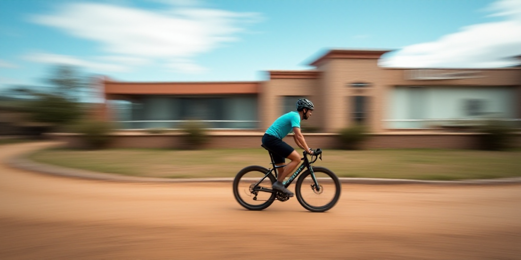 a person riding a bike on a dirt road in front of a building with a sky background and blurry image