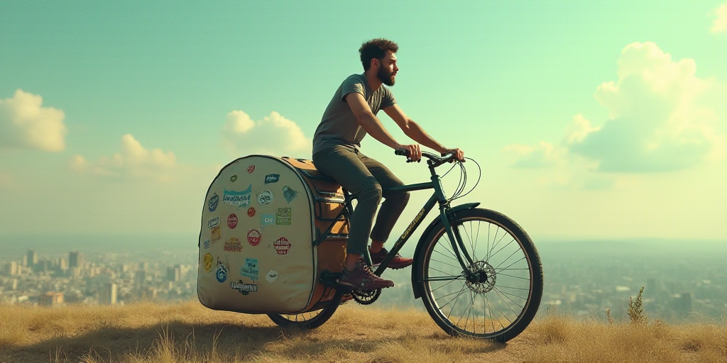 a person riding a bike on top of a bag with stickers on it and a city in the background, Coppo di Ma