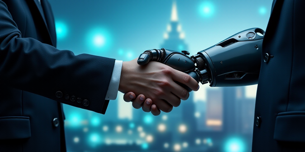 a person shaking another hand with a digital background behind them and a graphic of a building and