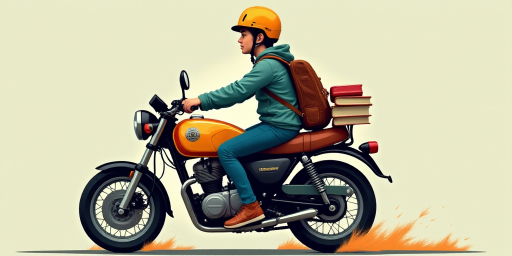 a person sitting on a motorcycle with a book and a backpack on it's back and a logo on the back of t