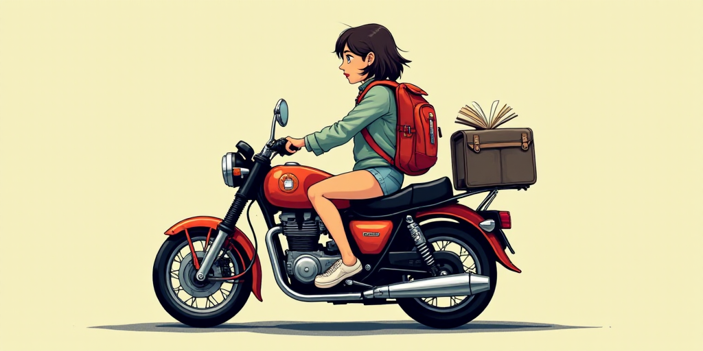 a person sitting on a motorcycle with a book and a backpack on it's back and a logo on the back of t
