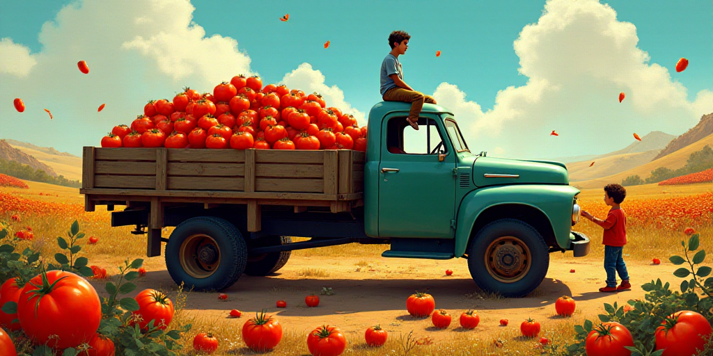 a person sitting on a truck with a crate of tomatoes in it's back yard, with a child looking at the