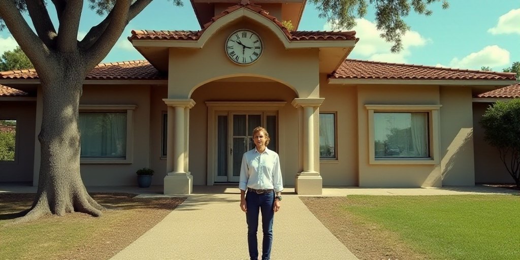 a person standing in front of a building with a clock on it's side and a tree in front of it, Aracel