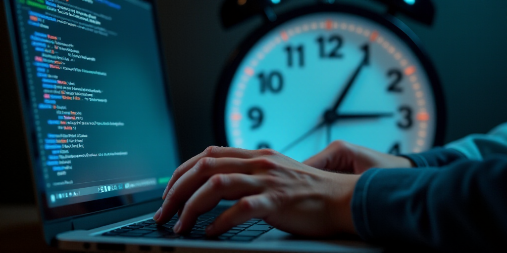 a person typing on a laptop in front of a clock with hands on it and a hand on the keyboard, Dennis