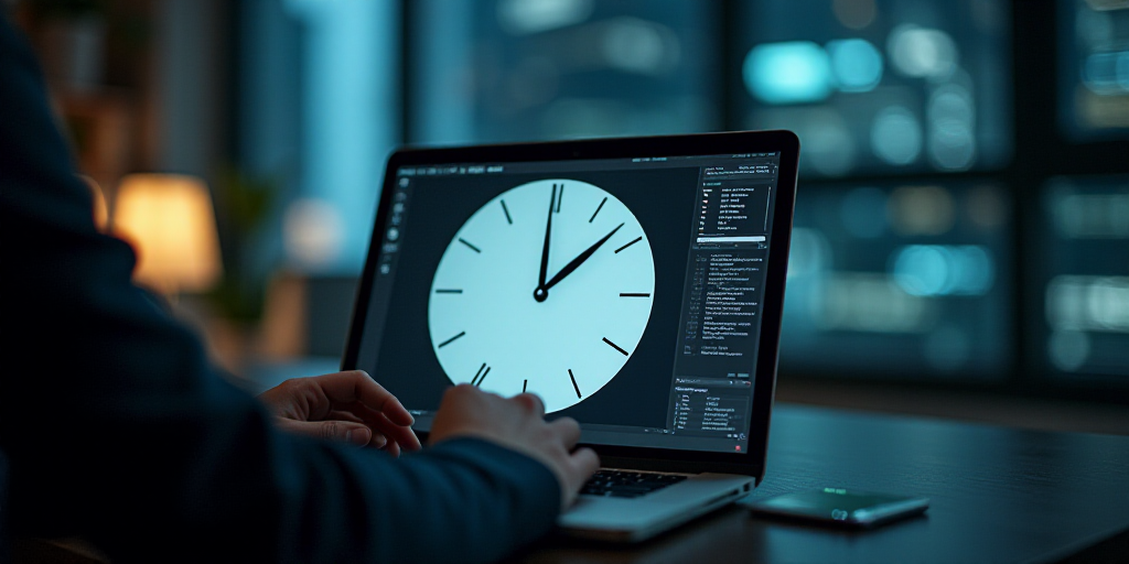 a person typing on a laptop in front of a clock with hands on it and a hand on the keyboard, Évaris