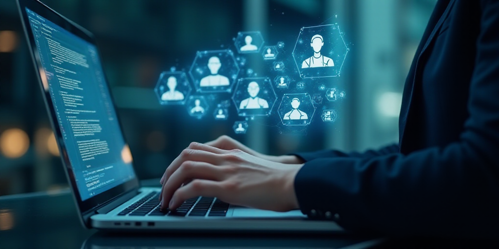 a person typing on a laptop with a keyboard and icons above it that spell out what is important to t
