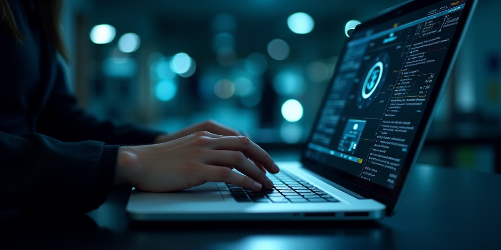 a person typing on a laptop with a symbol on the screen and icons above it that appear to be a symbo