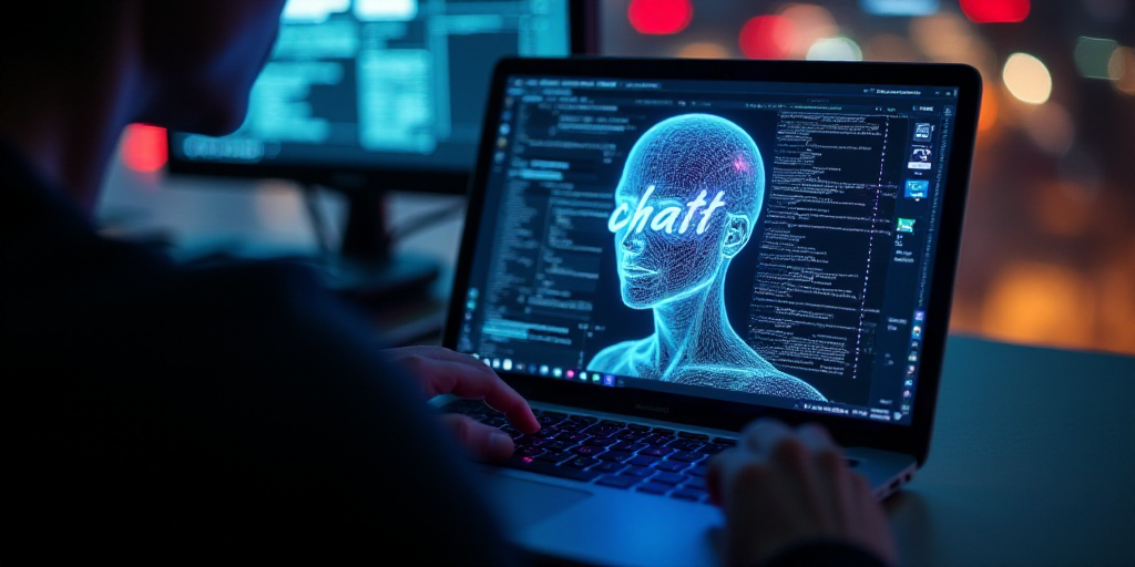 a person using a laptop with a picture of a human head on the screen and the word chatgt on the scre