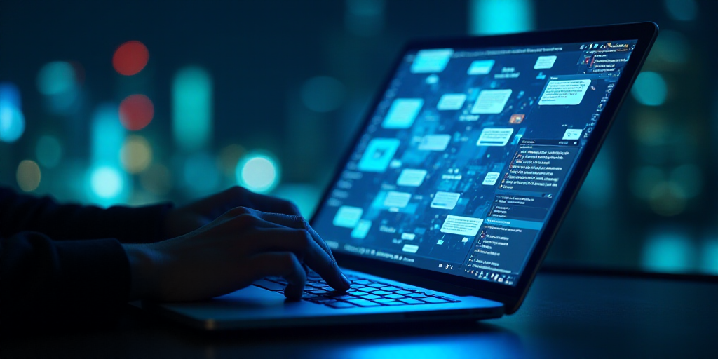 a person using a laptop with chat icons coming out of the screen and a person typing on the keyboard